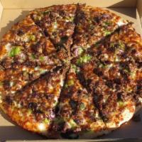 New York Steak Pizza · Steak, red onions, green peppers with tomato sauce and mozzarella cheese.