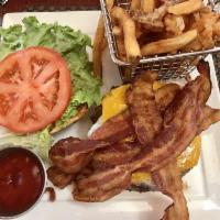 Applewood Bacon Cheeseburger · Angus burger, a stack of applewood bacon, vermont white cheddar, canadian cheddar, tomato, c...