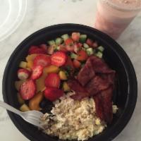 Low Carb Platter · Organic egg whites scrambled with turkey sausage or turkey bacon and a cup of fruit.