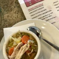 Matzah Ball Soup · Soup with dumplings. Comes with bagel or bread.