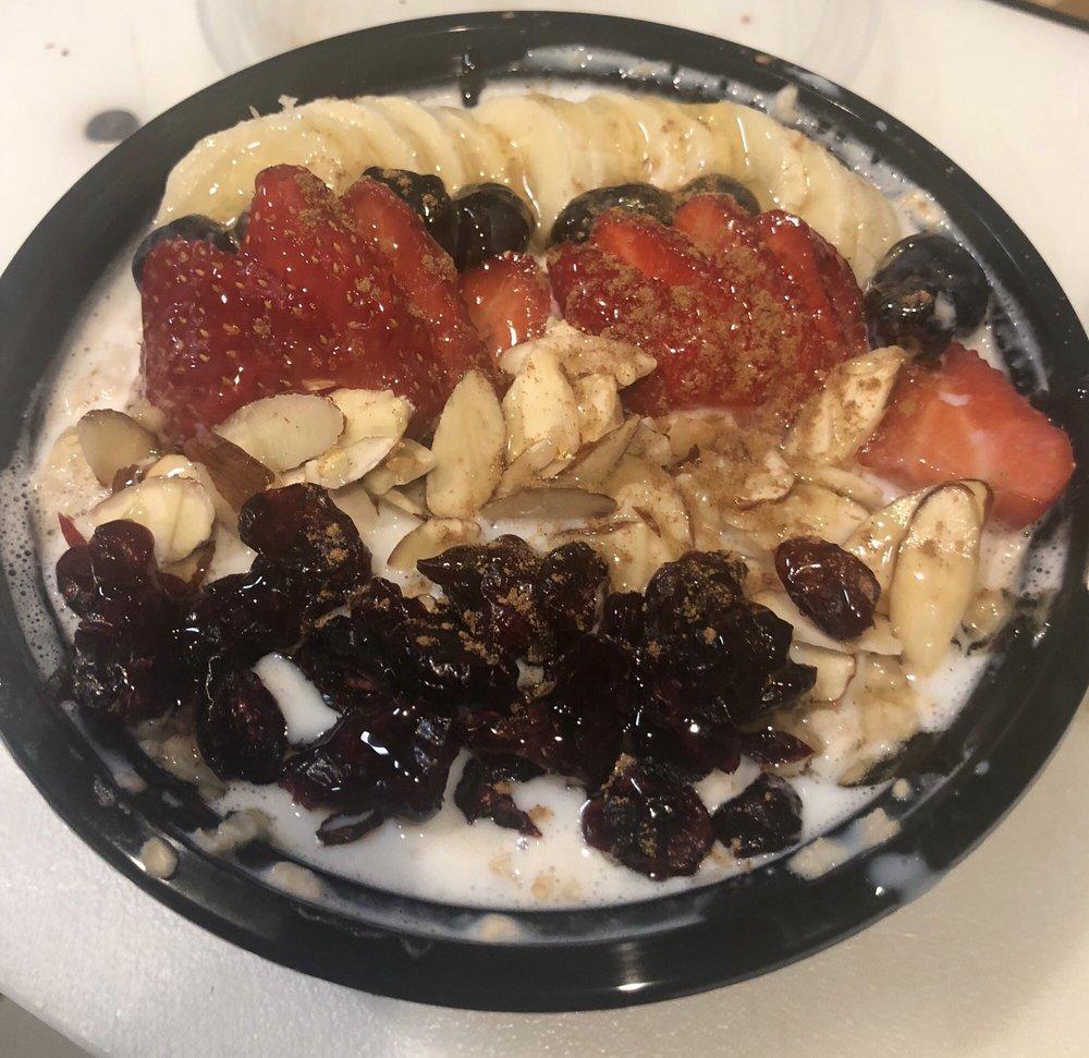 Oatmeal · Served with sliced almonds, dried cranberries, bananas, strawberries and brown sugar.