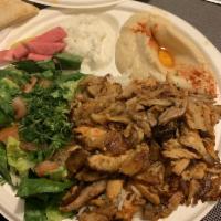 Chicken Shawarma Plate · Marinated chicken breast and thigh, cooked on vertical broiler then thinly sliced, served wi...