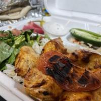 Chicken Kabob Plate · Skinless chicken breast skewer marinated in fresh garlic, spices and organic extra virgin ol...
