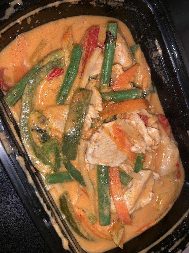 Red Curry · Blend of dried red chili peppers and coconut milk with fresh sweet basil leaves, bamboo shoots, string beans, carrots and bell peppers. Vegan and spicy.
