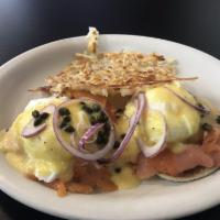 Lox Benedict · Salt cured cold smoked salmon, red onions, capers, poached eggs on english muffin and house ...
