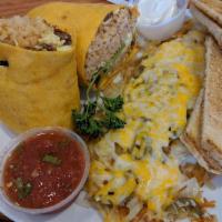Chorizo Burrito · Grilled chorizo with onions, eggs, rice, feta cheese and your choice of tortilla.