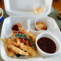 Special Tempura Plate · White fish, 2 shrimps, kakiage (mixed seafood tempura), pumpkin, seaweed, seaweed, shishito ...