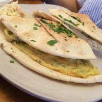 Jerusalem Egg Sandwich · Two eggs with melted cheddar cheese , fresh parsley , scallions and tomatoes and side of pot...