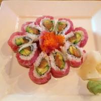 Cherry Blossom Roll · Salmon and avocado on the inside, with tuna and tobiko on the outside.
