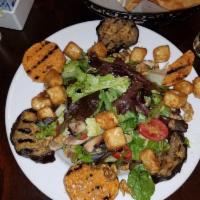 Muscat Salad · Fried halumi cheese, mixed greens, cherry tomatoes, walnuts, mushrooms, roasted eggplant & y...