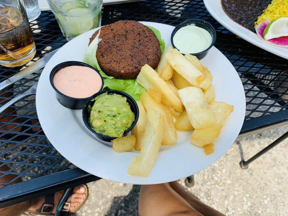 Black Bean Burger · Our house-made black bean ‘burger’ topped with fresh guacamole and served on a brioche roll with a side of red pepper mayo.