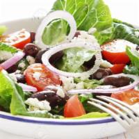 Greek Salad · Romaine lettuce, tomatoes, cucumbers, Kalamata olives, onions and feta cheese with house dre...