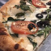 Greek Pizza · Olive oil base, spinach, tomato, black olive, feta cheese and garlic.