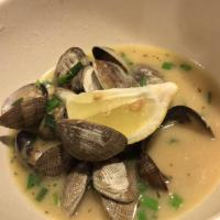 Miso Sake Clams · Live clams simmered with roasted garlic and ginger in a miso sake broth.