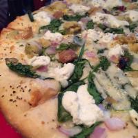 White Pizza · Creamy ricotta, house cheese blend, fresh spinach, roasted garlic red onions and artichoke h...