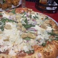 Greek Pizza · Pizza sauce, house cheese blend, fresh spinach, red onions, artichoke hearts Kalamata olives...