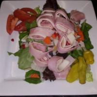 Antipasto Salad · Imported salami, ham, provolone cheese, onions, black olives, marinated vegetables, gourmet ...