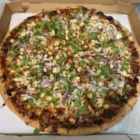 BBQ Chicken Pizza · BBQ sauce, Mozzarella cheese, red onions, fresh cilantro and chicken breast.