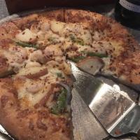 BBQ Shrimp Pizza · Herb sauce, shrimp, sliced red potatoes, roasted garlic, green peppers and 3 types of cheese.