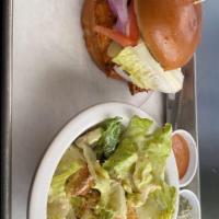 Chipotle Chicken Burger · Chicken breast, thick-cut bacon, red onions, lettuce, tomato, Swiss cheese and chipotle anch...