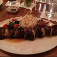 American Lamb Kabob · Halal. Marinated, grilled American lamb, roasted vegetables, and Lebanese rice pilaf.