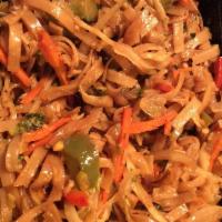 Pad Thai · Rice noodles, onion, pepper, cabbage, carrot, mushroom, scallion, cilantro, peanut and soy d...