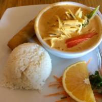 Red Curry · Choice of meat with red curry sauce, coconut milk, bamboo shoots, bell peppers, pineapples a...