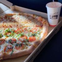 Tomato Basil Garlic Pie · White pie with 100% whole milk mozzarella, sliced Roma tomatoes, fresh garlic, basil and gra...