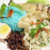Nasi Kerabu · Fried drumstick or kampung fish, blue pea rice, green beans, bean sprouts, anchovies, Vietna...