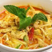 Curry Laksa Noodle Soup · Choice of protein with tofu puff and beansprouts with choice of noodle