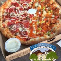 Buffalo Chicken Pizza · No sauce base. Mozzarella, fresh fried chunks of breaded chicken, pepperoncinis, tomatoes an...