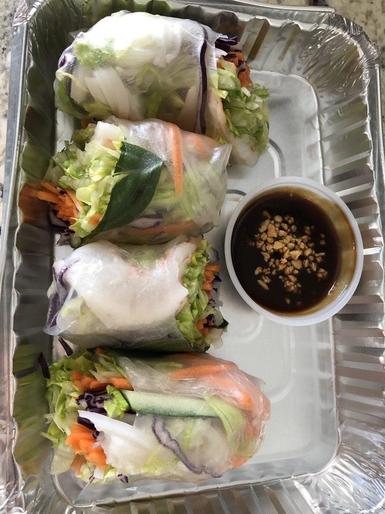 Fried Spring Rolls · Vegan. 4 piece. Crispy golden spring rolls with veggies and vermicelli served sweet chili sauce.