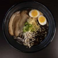 Tamago Garlic Ramen · Tonkotsu with garlic oil and soft boiled egg. Please take off the broth lid and microwave it...
