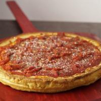Chicago Deep Dish Pizza · Pan cooked, buttery crust that is smothered with cheese and chunky tomato sauce, then baked ...