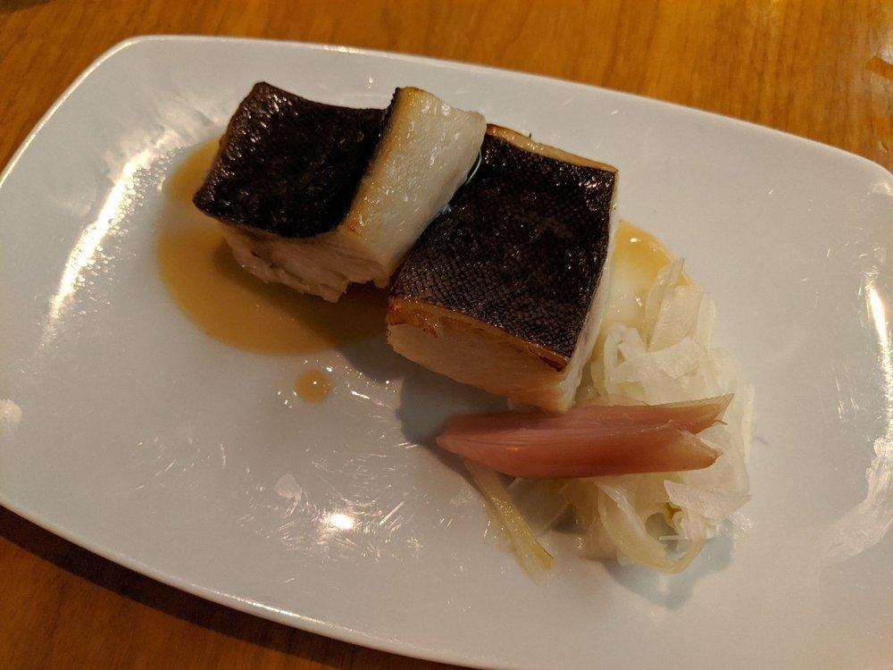 Black Cod · Alder wood smoked, with seikyo vinegar and miso, pickled ginger blossom. Gluten free.
