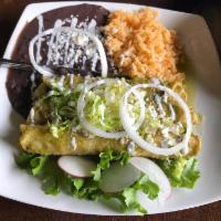 Enchilada · 2 rolled tortillas stuffed with your choice of meat bathed with your choice tomatillo or tom...