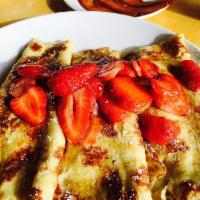 Strawberry Greek Yogurt Crepes · Greek yogurt mixed with strawberries and rolled into 3 crepes. Topped with strawberries and ...