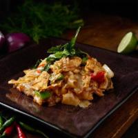 Drunken Noodles · Served hot and spicy. Sauteed broad noodles, onion, tomato, hot pepper, basil, chili paste, ...