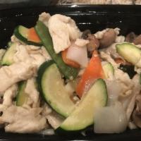 Moo Goo Gai Pan · White meat chicken stir-fried with mushrooms, zucchini, carrots, snow peas and Chinese cabba...