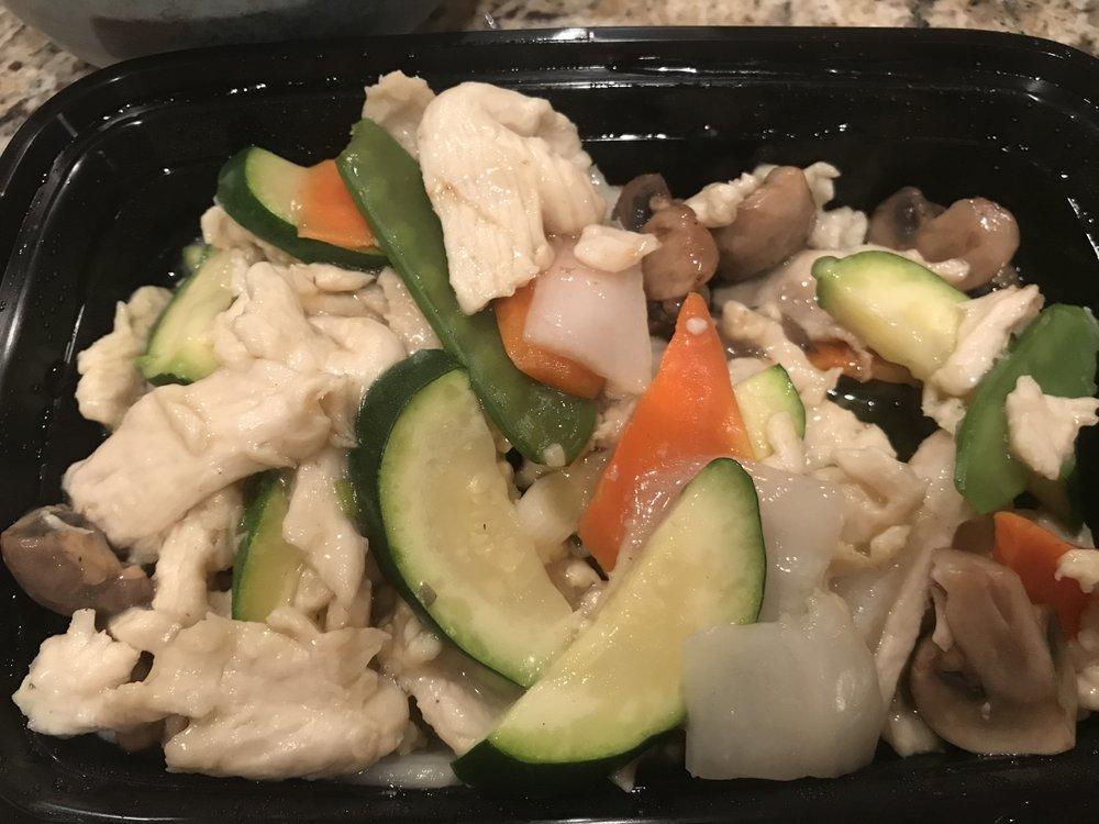 Moo Goo Gai Pan · White meat chicken stir-fried with mushrooms, zucchini, carrots, snow peas and Chinese cabbage in white sauce. Served with your choice of rice.