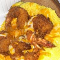Open Face Shrimp Omelet · Fried Shrimps, Red and Green Peppers, Onions, Cheddar Cheese, with Home-fries and Toast
