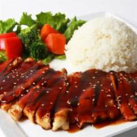 Chicken Teriyaki · Grilled chicken, teriyaki sauce, steamed vegetables, and sesame seed. Served with small Mio ...