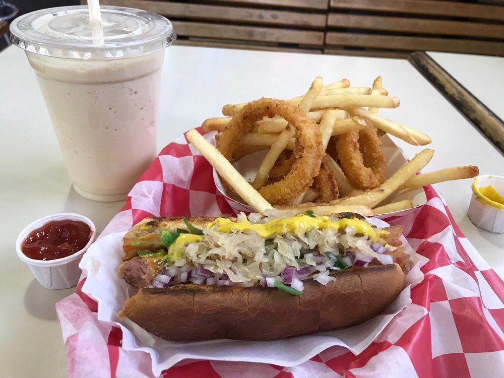 Jersey Dog · Bacon, spicy mustard, red onion, green relish and caraway sauerkraut.