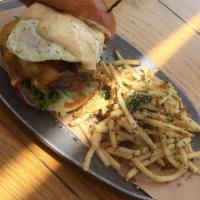 Dougie Burger · Cheddar cheese, lettuce, bacon, red onions, cage-free fried egg & village sauce