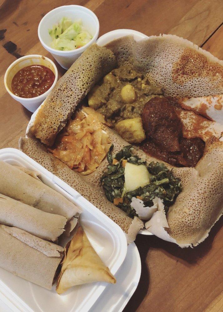 Sambusa · 2 pieces. Choice of beef, chicken, or lentil mixed with onions, green peppers, garlic and Ethiopian spices stuffed in thin pastry shells and pan fried.