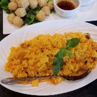 Thai Fried Rice · Thai style fried rice with pineapple, peanuts, vegan imitation meat, tofu and fresh basil. O...