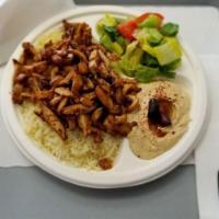 Shawarma Plate · rice, salad, hummus, pita bread, garlic sauce