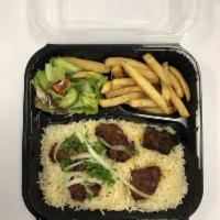 Beef Kebab Plate · rice, salad, hummus, pita bread, garlic sauce