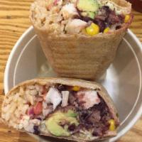 Tex Mex Burrito · Brown rice, avocado, aged cheddar cheese, black beans, corn, salsa fresca and Greek yogurt r...