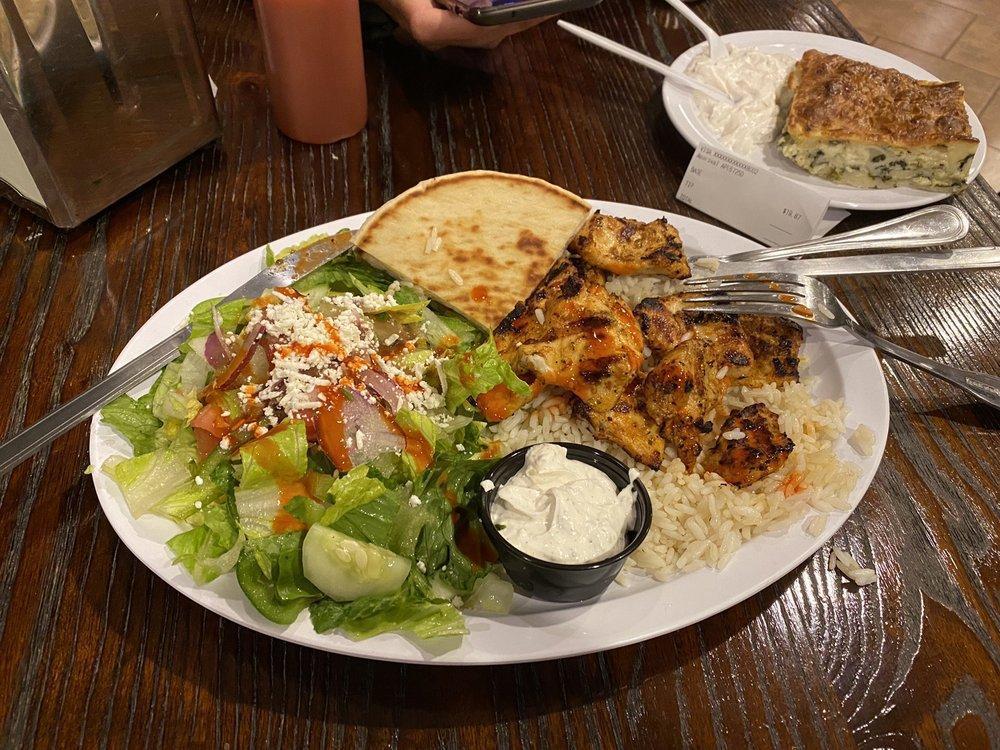 Chicken Shish Kebab · Cubed marinated chicken meat. Served with rice, Greek salad, pita, and tzatziki sauce.